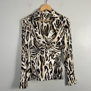 Vintage y2k silk Cache long sleeve leopard deep v-cut blouse size small